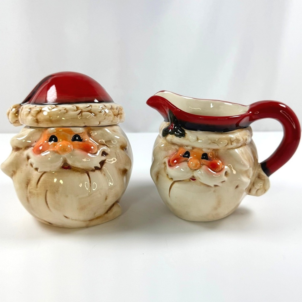 VTG Santa Claus Cream and Sugar Ceramic Set Large Christmas Farmhouse Retro CUTE
